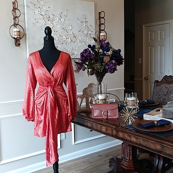 NWT Exclusive Selection Orange And Gold Waist Wrap Mini Dress By CBR. Size XL - Picture 3 of 17